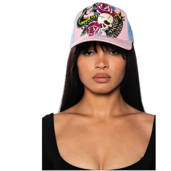 Ed Hardy Rhinestone Cobra Trucker Hat, Pink & Blue Sky, Unisex, NWT - Picture 2 of 7